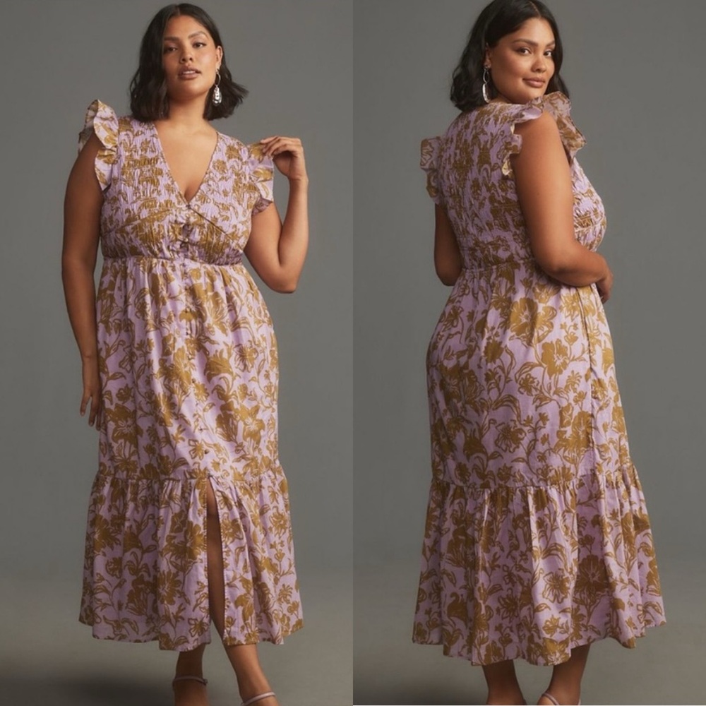 Anthropologie Lavender and Mustard Floral Midi Dress